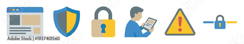 Set of flat design cybersecurity icons including a shield, padlock, user with a tablet, and a warning sign representing internet safety and digital data protection concepts
