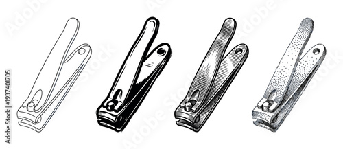 Set of four nail clippers illustrated in different graphic styles including line art, solid black, hatching, and stippling for personal care and grooming concepts