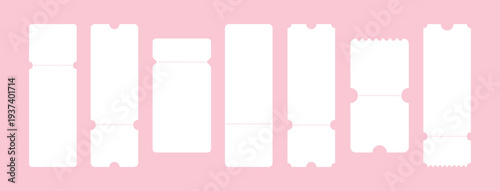 Set of white blank tickets mockup. Empty flat template Tickets. For cinema, sale coupon, circus, theater, festival. Minimalist coupons set. Isolated background