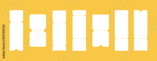 Set of white blank tickets mockup. Empty flat template Tickets. For cinema, sale coupon, circus, theater, festival. Minimalist coupons set. Isolated background