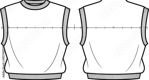 Flat vector CAD drawing of sleeveless knit vest, front and back view, technical fashion sketch, ribbed edges, apparel illustration