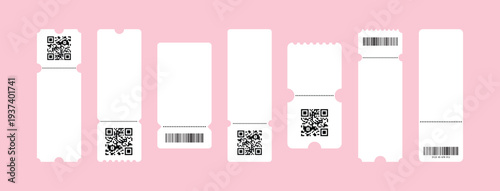 Set of white blank tickets mockup. Empty flat template Tickets. For cinema, sale coupon, circus, theater, festival. Minimalist coupons set. Isolated background