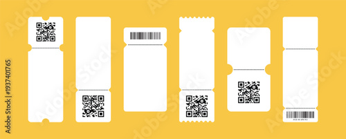 Set of white blank tickets mockup. Empty flat template Tickets. For cinema, sale coupon, circus, theater, festival. Minimalist coupons set. Isolated background