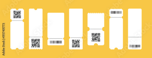 Set of white blank tickets mockup. Empty flat template Tickets. For cinema, sale coupon, circus, theater, festival. Minimalist coupons set. Isolated background