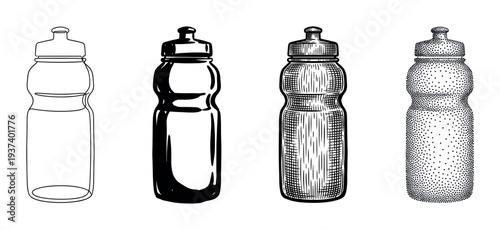 Set of four sports water bottles illustrated in different graphic styles including line art, silhouette, vintage engraving, and modern stippling for hydration concepts