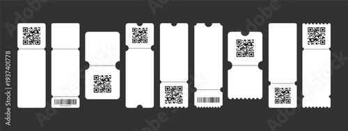 Set of white blank tickets mockup. Empty flat template Tickets. For cinema, sale coupon, circus, theater, festival. Minimalist coupons set. Isolated background