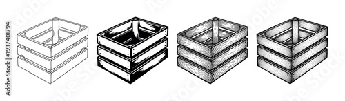 Set of four empty wooden crates illustrated in different graphic styles including line art, solid black, engraving, and stippling, shown from an isometric perspective