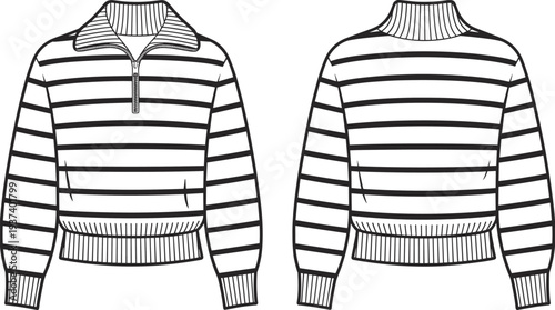 Flat vector CAD drawing of striped half zip pullover sweater, front and back technical fashion sketch for women winterwear garment design