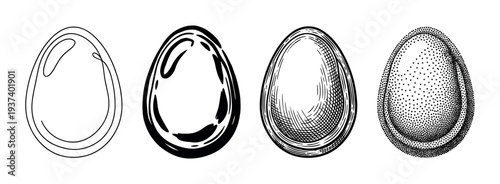 Four black and white illustrated eggs in a row showcase different artistic styles from simple line art and graphic strokes to vintage hatching and modern stippling