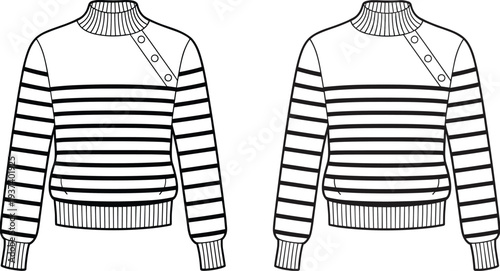Flat vector CAD drawing of striped button neck sweater, front and back technical sketch, ribbed cuffs winter fashion illustration design