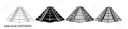 Four ancient Mesoamerican step pyramid illustrations in various graphic styles like line art, silhouette, engraving, and halftone, representing historical architecture