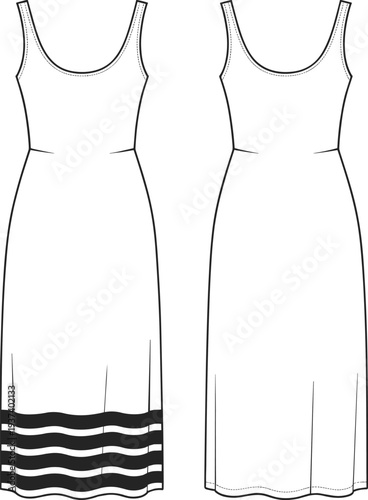 Flat vector CAD drawing of sleeveless midi dress with wavy hem detail, front and back fashion sketch for apparel design
