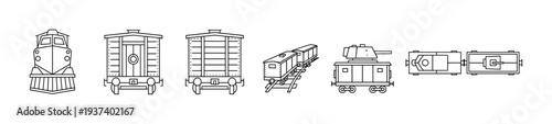 Set of minimalist train line art icons including a locomotive, boxcar, armored wagon, and freight cars from front, side, and top views in a simple vector graphic style
