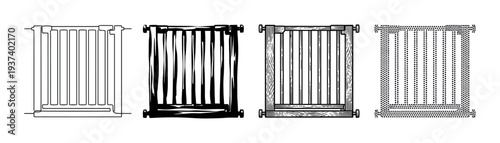 Four black and white baby safety gates illustrated in a variety of artistic styles including line art, high contrast ink, detailed woodcut, and stippling for childproofing