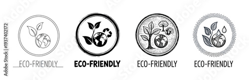 Set of four eco-friendly icons in various artistic styles, including line art, silhouette, and engraving, depicting the planet Earth with leaves, trees, and recycling symbols