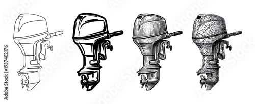 Four outboard boat motor illustrations in different graphic styles including line art, engraving, stippling, and bold silhouette for a technical or artistic concept