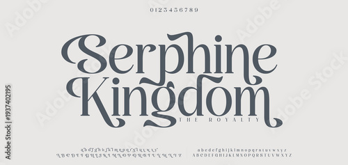 Serphine Kingdom Luxury wedding alphabet letters font with tails. Typography elegant classic serif fonts and number decorative vintage retro concept for logo branding. vector illustration