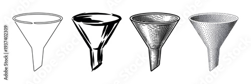 Four black and white funnel illustrations in different artistic styles including line art, hatching, stippling, and bold ink for business or science concepts