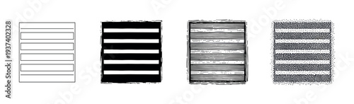 Set of four black striped rectangles showing different graphic textures like outline, solid ink, engraved hatching, and stippling dotwork in a minimalist monochrome style