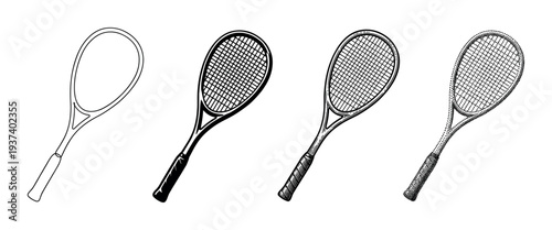 Four tennis racket illustrations in a row showing different artistic styles, from a simple outline and solid silhouette to detailed engraving and stippling dotwork