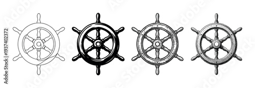 Set of four vintage ship's wheels illustrated in different artistic styles including simple line art, a solid silhouette, detailed engraving, and stippling dotwork