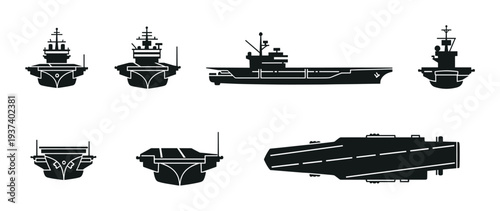 Set of black aircraft carrier silhouettes showing the military naval vessel from various angles including front, side, and top views in a minimalist graphic icon style