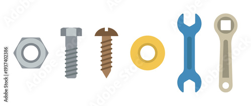 Collection of colorful hardware fasteners and tools including a nut, bolt, screw, washer, and two spanners arranged in a neat row in a flat design vector illustration style