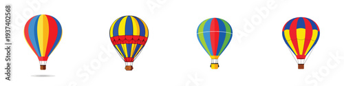 A set of hot air balloon floating, flat design, single object composition, vector illustration, white background, solid bright colors.