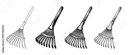 Four black and white leaf rake illustrations showing a progression of artistic styles from simple outline and solid graphic to detailed vintage engraving and stippling