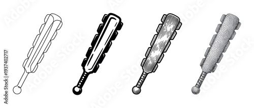 Four black and white kanabō club illustrations showing different artistic styles, including simple line art, a graphic icon, vintage engraving, and modern stippling for a design set