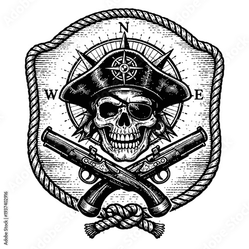 Vintage Engraved Pirate Skull Emblem with Tricorn Hat, Eyepatch, and Crossed Flintlock Pistols. Nautical Compass Rose Background within a Rope-Framed Shield. Classic Black and White Art for Sea Advent