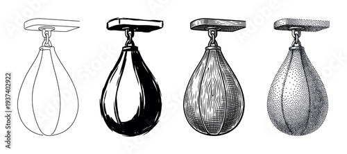 Four black and white speed bag illustrations showing different artistic styles including line art, silhouette, engraving, and stippling for boxing or fitness concepts