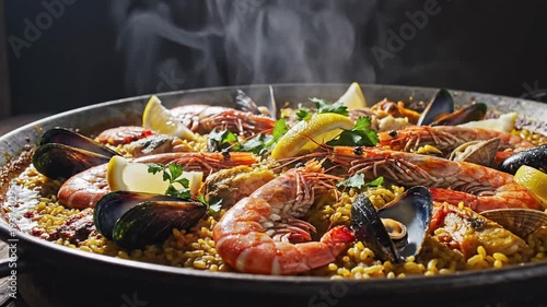 A steaming, vibrant seafood paella with shrimp, mussels, clams, and lemon wedges in a large pan