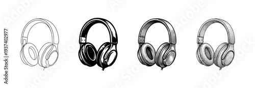 Set of four black headphone illustrations showcasing different artistic styles including line art, high contrast graphic, vintage engraving, and modern stippling for audio concepts