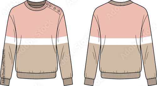 Flat sketch vector of color block women’s sweater, button shoulder detail, long sleeve pullover, knit fashion apparel illustration template