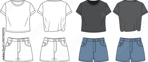 Flat sketch of women's crop top and denim shorts set, front and back views, vector fashion illustration, summer casual outfit design.