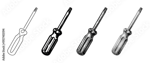 Set of four Phillips screwdriver illustrations in different artistic styles including line art, solid silhouette, detailed engraving, and stippling for a graphic design project