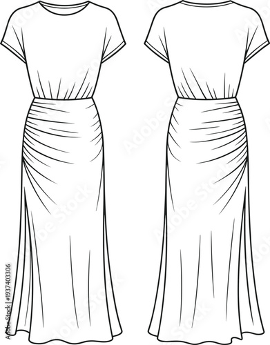 Flat technical fashion sketch of long gathered dress with short sleeves, round neckline, draped skirt, front and back view illustration flat vector illustration