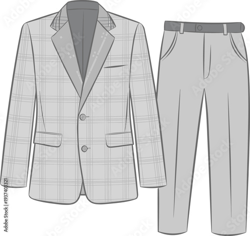Flat technical sketch of men’s plaid blazer and trousers set, front view, fashion design template for formalwear and tailoring flat vector illustration