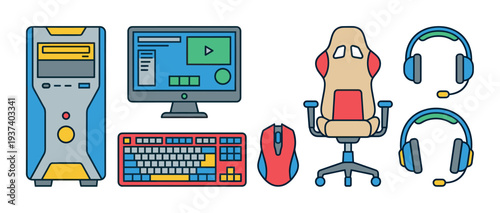 Colorful set of gaming equipment icons featuring a computer tower, monitor, keyboard, mouse, ergonomic chair, and headset, illustrated in a simple flat line art style for esports