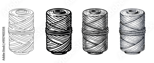 Set of four thread spools illustrated in various black and white graphic styles, including line art, engraving, stippling, and bold silhouette for crafting concepts