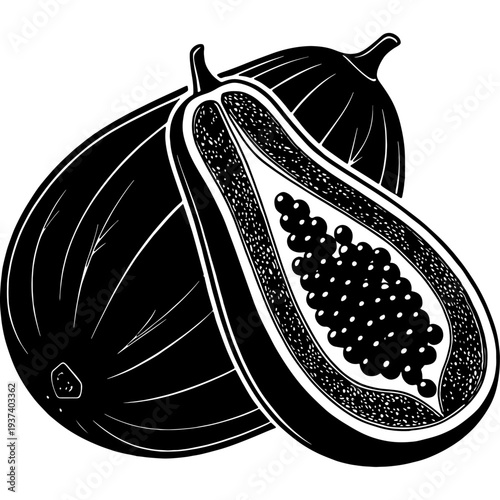 Black silhouette vector icon of a whole papaya and a halved papaya with seeds.
