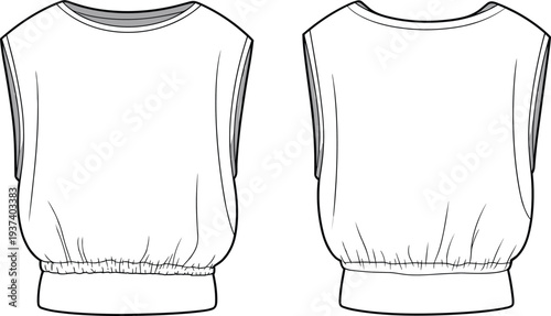 Flat sketch of women's sleeveless loose tank top with elastic hem, front and back view, fashion technical drawing, apparel template flat vector illustration