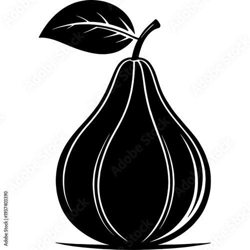 Simple black silhouette vector icon of a ripe pear with a single leaf and stem.