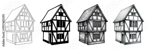 Four black and white illustrations of a medieval half-timbered house presented in various graphic techniques including continuous line, solid silhouette, detailed engraving, and dotwork stippling