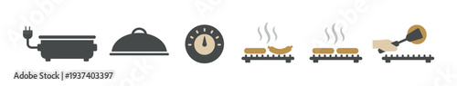 Cooking process icon set for grilling sausages on an electric appliance, including a timer, serving dome, and a hand flipping food with a spatula in a flat design