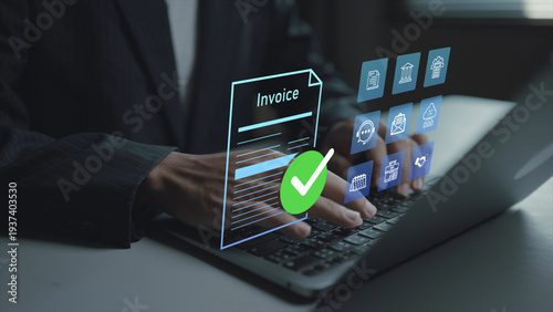Digital invoice management concept. Person using laptop with e-invoice and payment status icons, expense tracking, revenue reporting and business finance workflow.