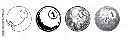 Set of four hand-drawn billiard ball illustrations showing different artistic styles from simple scribble and ink sketch to detailed engraving and stippling