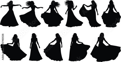 Elegant dancing women silhouettes collection, flowing long dress movement poses, graceful female dancer vector set isolated on white background