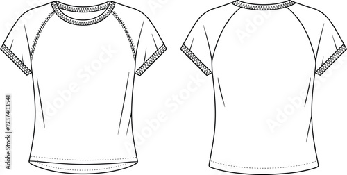 Flat sketch of women’s raglan short sleeve t-shirt with zigzag stitching, front and back view, fashion technical drawing illustration

 flat vector illustration